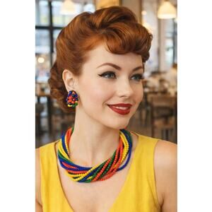 Vintage 1930s Multi Strand Necklace/Earring Set Japan Glass Beads Bright Costume